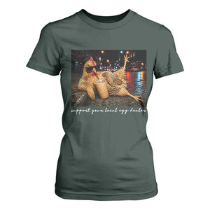 Support Your Local Egg Dealer Chicken Sipping Iced Coffee Graphic T Shirt For Women Funny Homesteading Farm Life