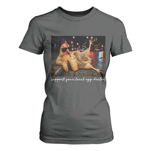 Support Your Local Egg Dealer Chicken Sipping Iced Coffee Graphic T Shirt For Women Funny Homesteading Farm Life
