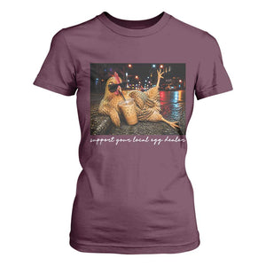 Support Your Local Egg Dealer Chicken Sipping Iced Coffee Graphic T Shirt For Women Funny Homesteading Farm Life