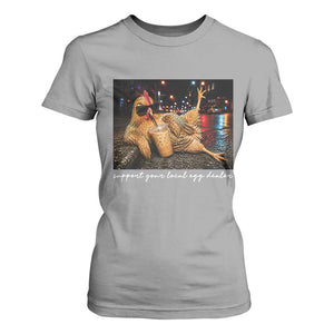 Support Your Local Egg Dealer Chicken Sipping Iced Coffee Graphic T Shirt For Women Funny Homesteading Farm Life