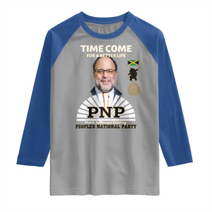Mark Golding PNP Supporter Raglan Shirt Time Come for a Better Life Jamaica Politics People's National Party TS02 Sport Gray Royal Print Your Wear