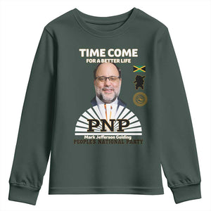 Mark Golding PNP Supporter Youth Sweatshirt Time Come for a Better Life Jamaica Politics People's National Party TS02 Dark Forest Green Print Your Wear