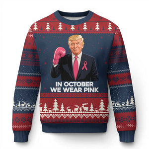Support Breast Cancer Trump Ugly Christmas Sweater In October We Wear Pink Boxing Glove Warrior Fight TS02 Navy Red Print Your Wear