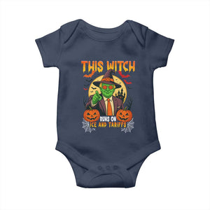Funny Sarcastic Trump Witch Baby Onesie This Witch Runs On Ice and Tariffs Political Satire TS02 Navy Print Your Wear