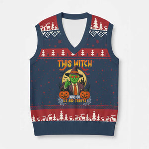 Funny Sarcastic Trump Witch V-Neck Knit Sweater Vest This Witch Runs On Ice and Tariffs Political Satire TS02 Navy Red Print Your Wear