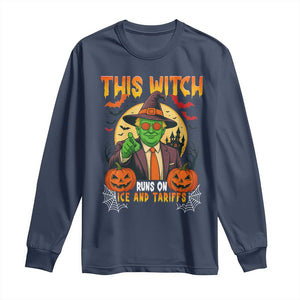 Funny Sarcastic Trump Witch Long Sleeve Shirt This Witch Runs On Ice and Tariffs Political Satire TS02 Navy Print Your Wear