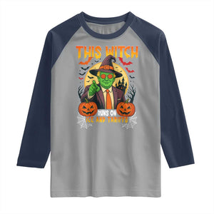 Funny Sarcastic Trump Witch Raglan Shirt This Witch Runs On Ice and Tariffs Political Satire TS02 Sport Gray Navy Print Your Wear