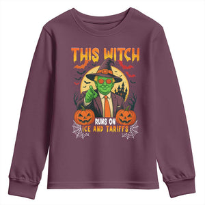 Funny Sarcastic Trump Witch Youth Sweatshirt This Witch Runs On Ice and Tariffs Political Satire TS02 Maroon Print Your Wear
