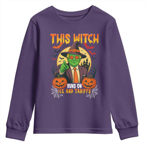 Funny Sarcastic Trump Witch Youth Sweatshirt This Witch Runs On Ice and Tariffs Political Satire TS02 Purple Print Your Wear