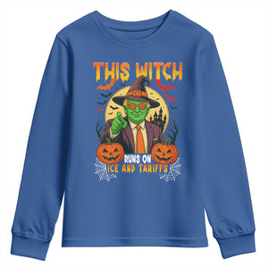 Funny Sarcastic Trump Witch Youth Sweatshirt This Witch Runs On Ice and Tariffs Political Satire TS02 Royal Blue Print Your Wear