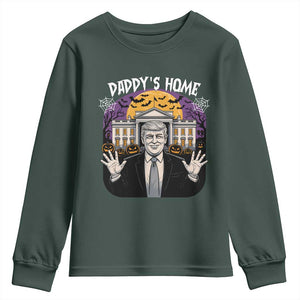 Funny Trump Halloween Youth Sweatshirt Daddy Home White House Spooky Season TS02 Dark Forest Green Print Your Wear