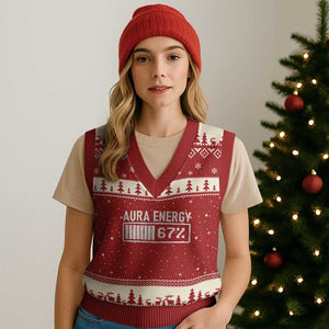 Funny Aura Energy at 67 V-Neck Knit Sweater Vest Six Seven Viral Meme 6 7 Gen Alpha Slang TS02 Red Beige Print Your Wear