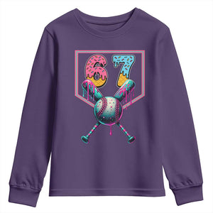 Funny Six Seven Baseball Drip Youth Sweatshirt Number 67 Meme Drippy Bats TS02 Purple Print Your Wear