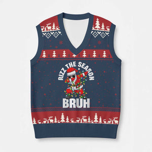 Funny Dabbing Santa Rizz Xmas V-Neck Knit Sweater Vest Rizz The Season Bruh Xmas Lights TS02 Navy Red Print Your Wear