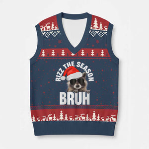 Funny Rizz Xmas Raccoon V-Neck Knit Sweater Vest Rizz The Season Bruh Santa Hat TS02 Navy Red Print Your Wear