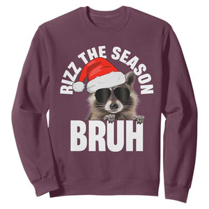 Funny Rizz Christmas Raccoon Sweatshirt Rizz The Season Bruh Santa Hat TS02 Maroon Print Your Wear