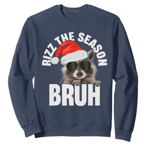 Funny Rizz Christmas Raccoon Sweatshirt Rizz The Season Bruh Santa Hat TS02 Navy Print Your Wear
