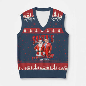 Xmas Trump With Santa V-Neck Knit Sweater Vest Santa's Favorite Felon Since 2024 TS02 Navy Red Print Your Wear