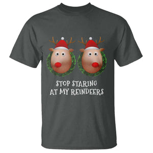 Funny Christmas Chest Joke T Shirt Stop Staring At My Reindeers Merry Titmas Boobs TS02 Dark Heather Print Your Wear