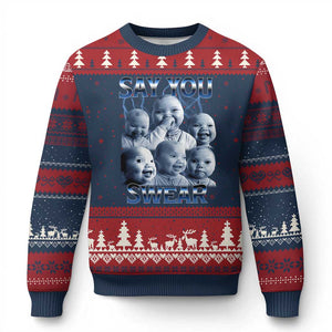 Funny Tuff Baby Meme Ugly Christmas Sweater Say You Swear Viral AI Niche Baby Holding Back Laugh TS02 Navy Red Print Your Wear