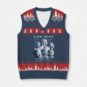 Funny Tuff Baby Meme V-Neck Knit Sweater Vest Say You Swear Viral AI Niche Baby Holding Back Laugh TS02 Navy Red Print Your Wear