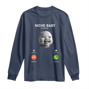 Funny Tuff Baby Meme Long Sleeve Shirt Tell Em Son AI Niche Baby Motion Holding Laugh TS02 Navy Print Your Wear