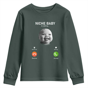 Funny Tuff Baby Meme Youth Sweatshirt Tell Em Son AI Niche Baby Motion Holding Laugh TS02 Dark Forest Green Print Your Wear