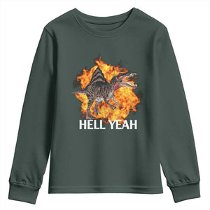 Spinosaurus Racha Explosion Hell Yeah Youth Sweatshirt Dinosaur Shrieks Meme Funny Prehistoric Fire Blast TS02 Dark Forest Green Print Your Wear