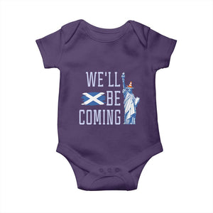 We'll Be Coming Scotland to USA Baby Onesie - Scottish Fans Statue of Liberty Humor TS02 Purple Print Your Wear