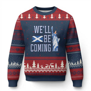 We'll Be Coming Scotland to USA Ugly Christmas Sweater Scottish Fans Statue of Liberty TS02 Navy Red Print Your Wear