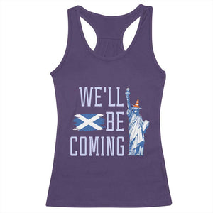 We'll Be Coming Scotland to USA Racerback Tank Top - Scottish Fans Statue of Liberty Humor TS02 Purple Print Your Wear