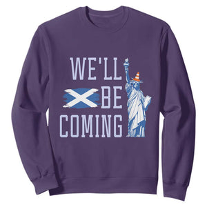 We'll Be Coming Scotland to USA Sweatshirt Scottish Fans Statue of Liberty TS02 Purple Print Your Wear