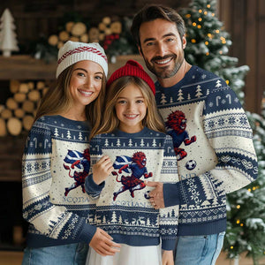 Scottish Lion Football Ugly Christmas Sweater Brave Lion in Kilt with Flag Cape Pride TS02 Beige Navy Print Your Wear