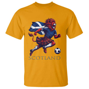 Scottish Lion Football T Shirt Brave Lion in Kilt with Flag Cape Pride TS02 Gold Print Your Wear