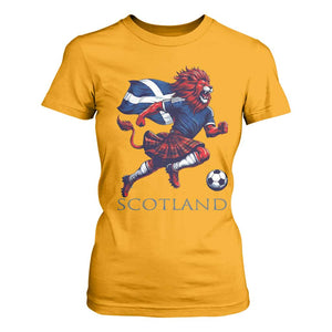 Scottish Lion Football T Shirt For Women Brave Lion in Kilt with Flag Cape Pride TS02 Gold Print Your Wear
