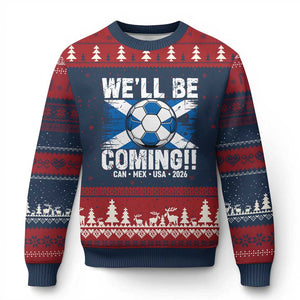 Well Be Coming Soccer Ugly Christmas Sweater Scotland Flag Pride Football Fans TS02 Navy Red Print Your Wear