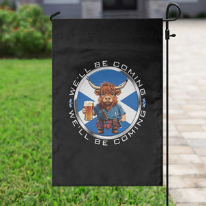 Funny Highland Cow in Kilt Drinking Garden Flag We'll Be Coming Scottish Pride Football Fans TS02 Print Your Wear