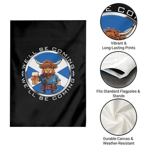 Funny Highland Cow in Kilt Drinking Garden Flag We'll Be Coming Scottish Pride Football Fans TS02 Print Your Wear
