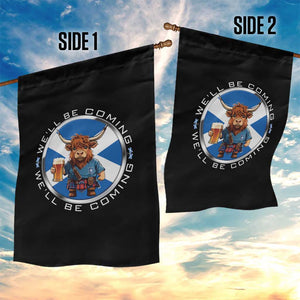 Funny Highland Cow in Kilt Drinking Garden Flag We'll Be Coming Scottish Pride Football Fans TS02 Print Your Wear