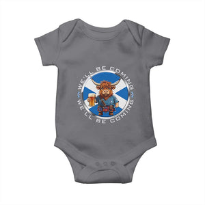 Funny Highland Cow in Kilt Drinking Baby Onesie We'll Be Coming Scottish Pride Football Fans TS02 Charcoal Print Your Wear