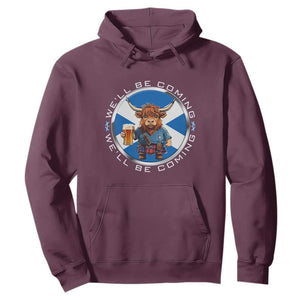 Funny Highland Cow in Kilt Drinking Hoodie We'll Be Coming Scottish Pride Football Fans TS02 Maroon Print Your Wear