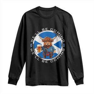 Funny Highland Cow in Kilt Drinking Long Sleeve Shirt We'll Be Coming Scottish Pride Football Fans TS02 Black Print Your Wear