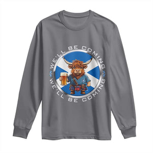 Funny Highland Cow in Kilt Drinking Long Sleeve Shirt We'll Be Coming Scottish Pride Football Fans TS02 Charcoal Print Your Wear