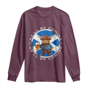 Funny Highland Cow in Kilt Drinking Long Sleeve Shirt We'll Be Coming Scottish Pride Football Fans TS02 Maroon Print Your Wear