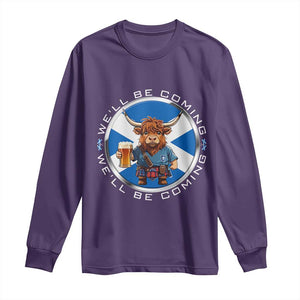 Funny Highland Cow in Kilt Drinking Long Sleeve Shirt We'll Be Coming Scottish Pride Football Fans TS02 Purple Print Your Wear