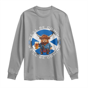 Funny Highland Cow in Kilt Drinking Long Sleeve Shirt We'll Be Coming Scottish Pride Football Fans TS02 Sport Gray Print Your Wear