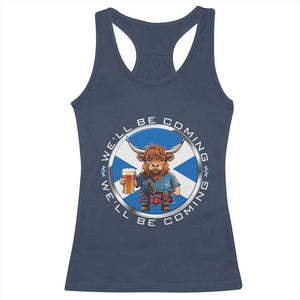 Funny Highland Cow in Kilt Drinking Racerback Tank Top We'll Be Coming Scottish Pride Football Fans TS02 Navy Print Your Wear