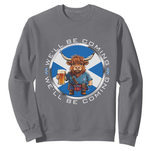 Funny Highland Cow in Kilt Drinking Sweatshirt We'll Be Coming Scottish Pride Football Fans TS02 Charcoal Print Your Wear