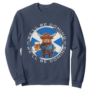 Funny Highland Cow in Kilt Drinking Sweatshirt We'll Be Coming Scottish Pride Football Fans TS02 Navy Print Your Wear