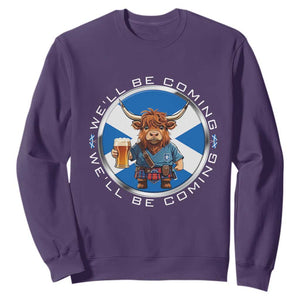 Funny Highland Cow in Kilt Drinking Sweatshirt We'll Be Coming Scottish Pride Football Fans TS02 Purple Print Your Wear